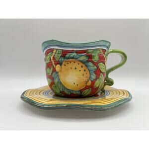 Ceramiche Italian Pottery Hand Painted Positano Lemon & Grapes 16oz Mug & Saucer